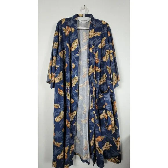Vintage Kilohana Clothing Co. Hawaiian Kimono Robe Navy Palm & Ukulele Print M/L